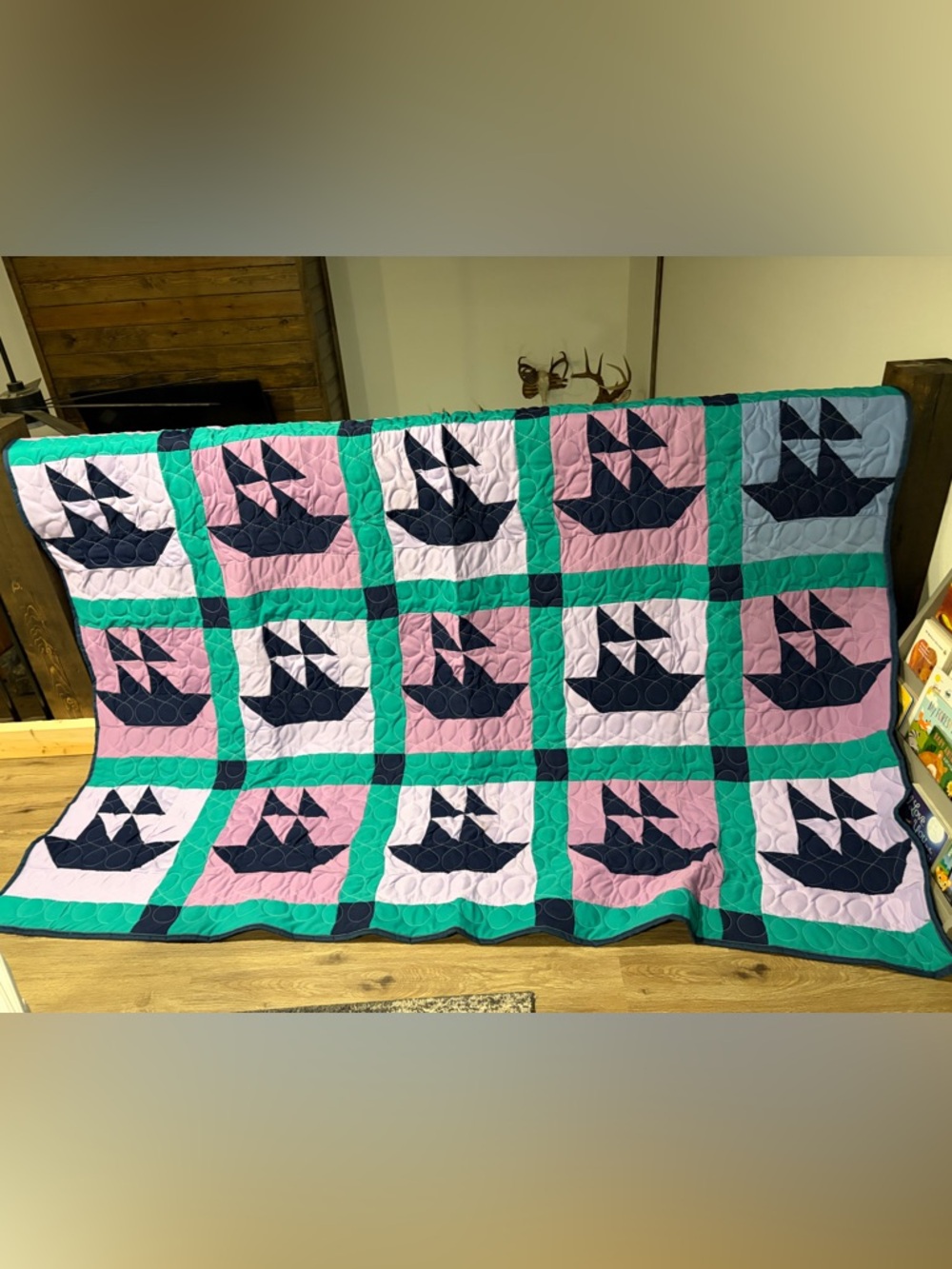 Navy Sailboat Patchwork Quilt in Pink, Teal, and White